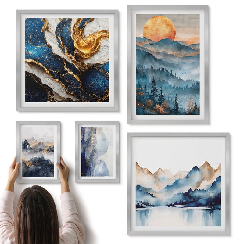 Galeria ścienna 5-częściowy komplet obrazów w srebrnych ramach - Krajobrazy górskie z zachodem słońca i abstrakcją - ArtPrintCave