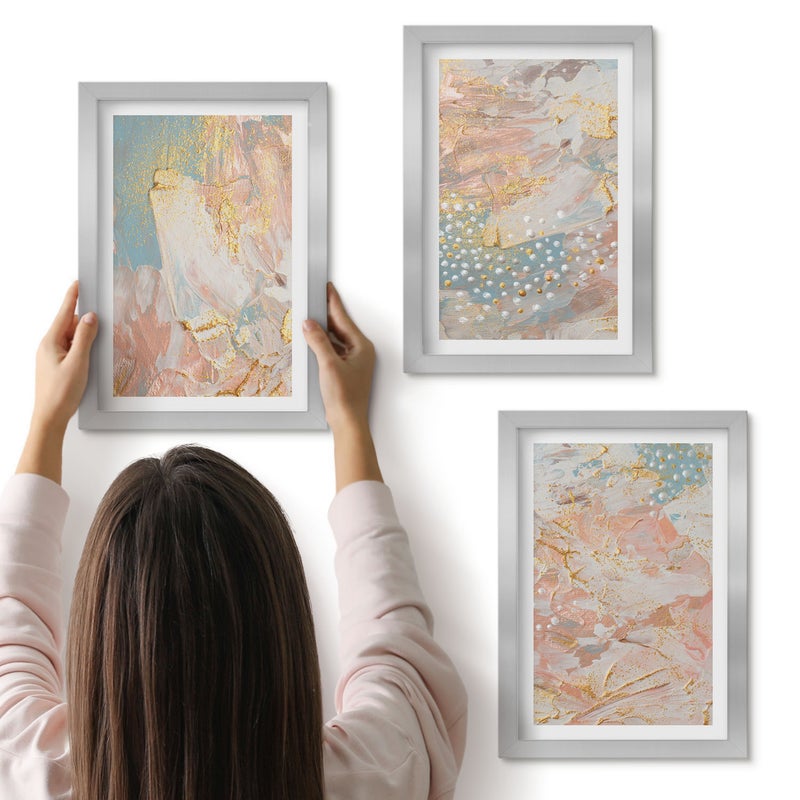 Galeria ścienna 3-częściowy komplet obrazów w srebrnych ramach - Abstrakcyjne wzory w pastelowych kolorach tekstura - ArtPrintCave