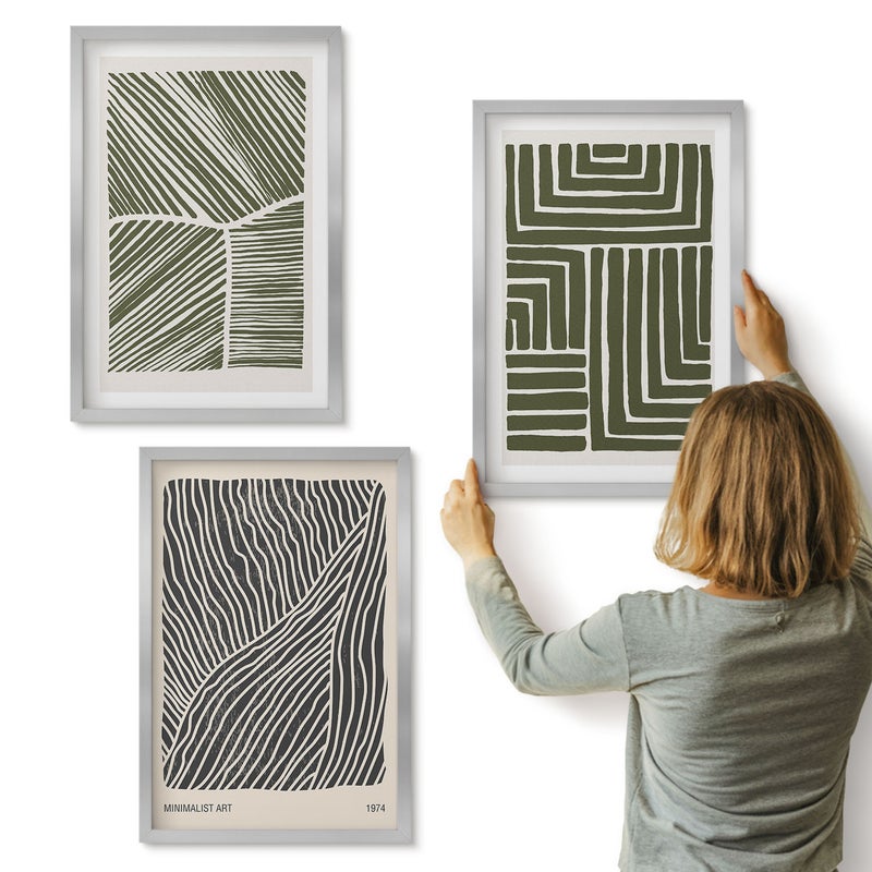 Galeria ścienna 3-częściowy komplet obrazów w srebrnych ramach - Wzory linii i kształtów w odcieniach zieleni - ArtPrintCave