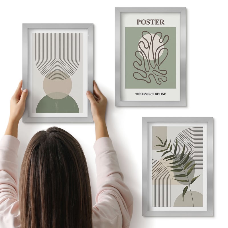 Galeria ścienna 3-częściowy komplet obrazów w srebrnych ramach - Geometryczne abstrakcje botaniczne wzory poster - ArtPrintCave
