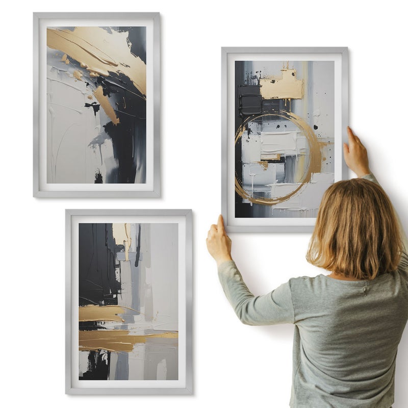 Galeria ścienna 3-częściowy komplet obrazów w srebrnych ramach - Abstrakcyjne kompozycje malarskie w czerni i bieli - ArtPrintCave