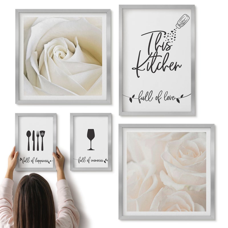 Galeria ścienna 5-częściowy komplet obrazów w srebrnych ramach - Stylowa dekoracja kuchni z motywami roślinnymi i napisy - ArtPrintCave