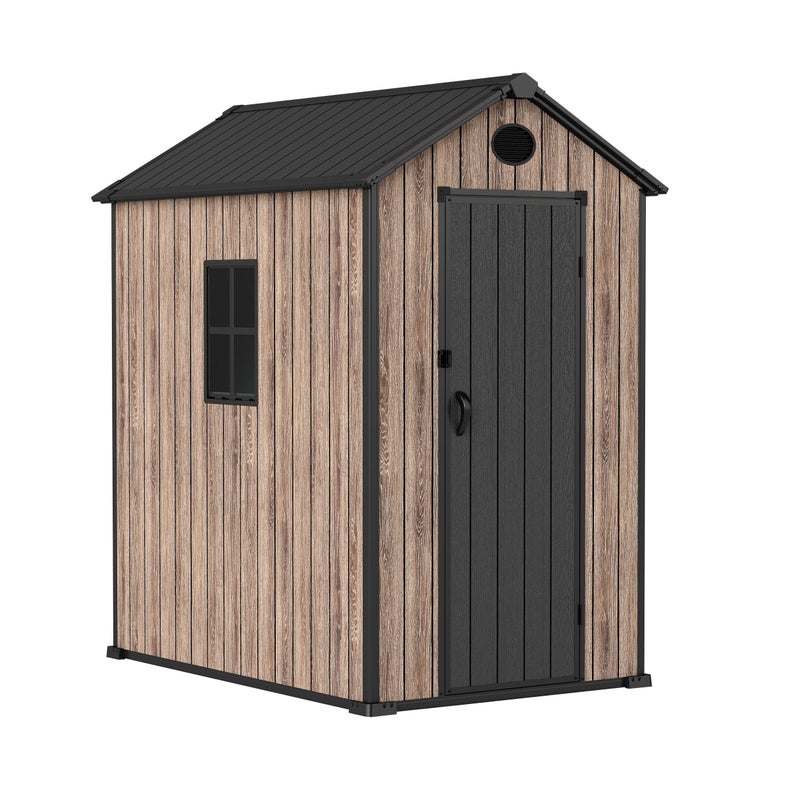 Domek ogrodowy z żywicy Oak O30 2,70 m², podłoga, boczne okno, efekt drewna premium, odporny na UV i wodę, zasuwa, wentylacja, drzwi skrzydłowe