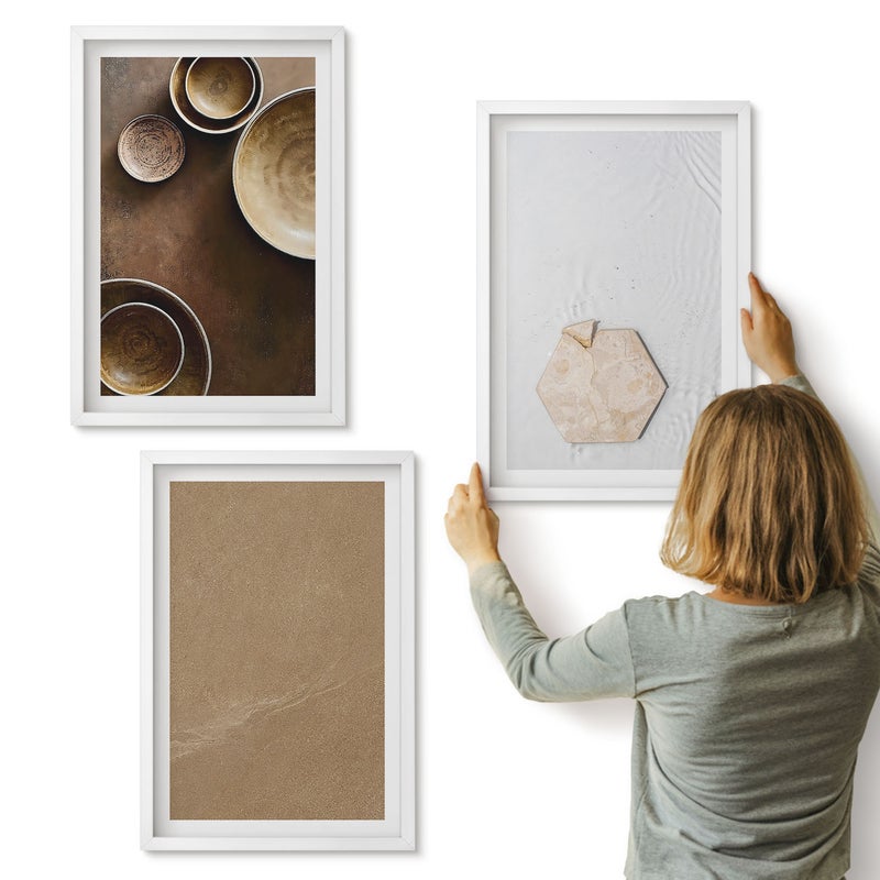Galeria ścienna 3-częściowy komplet obrazów w białych ramach - Minimalistyczne tekstury w ciepłych kolorach - ArtPrintCave