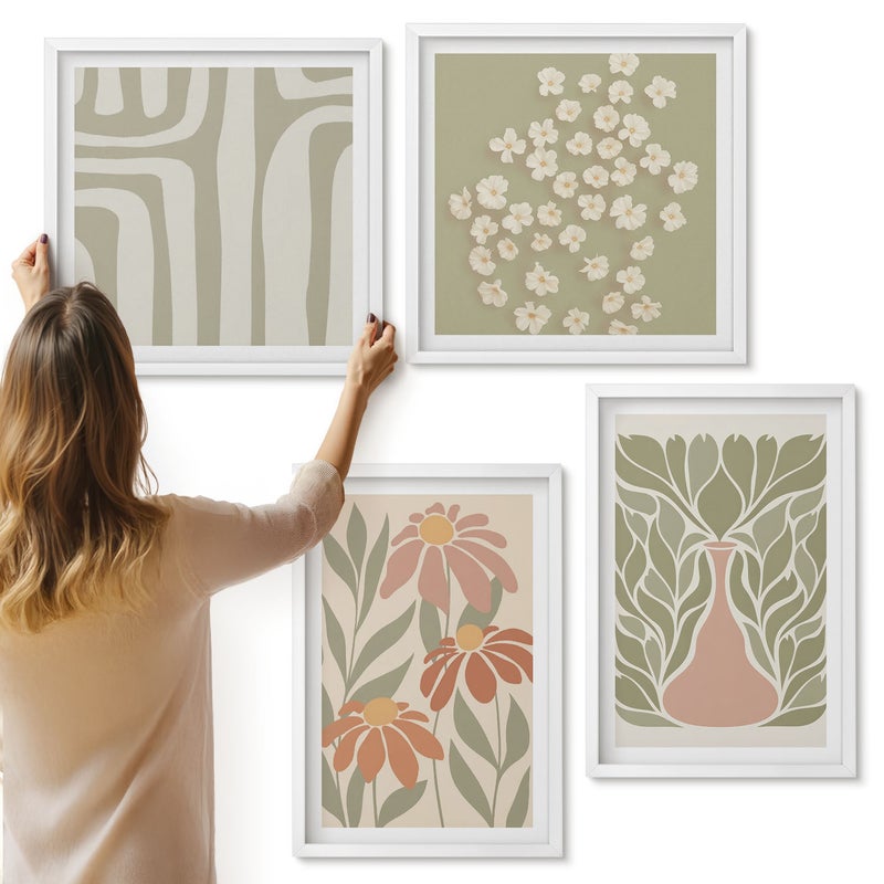 Galeria ścienna 4-częściowy komplet obrazów w białych ramach - Kwiatowe motywy minimalistyczne wzory styl boho - ArtPrintCave