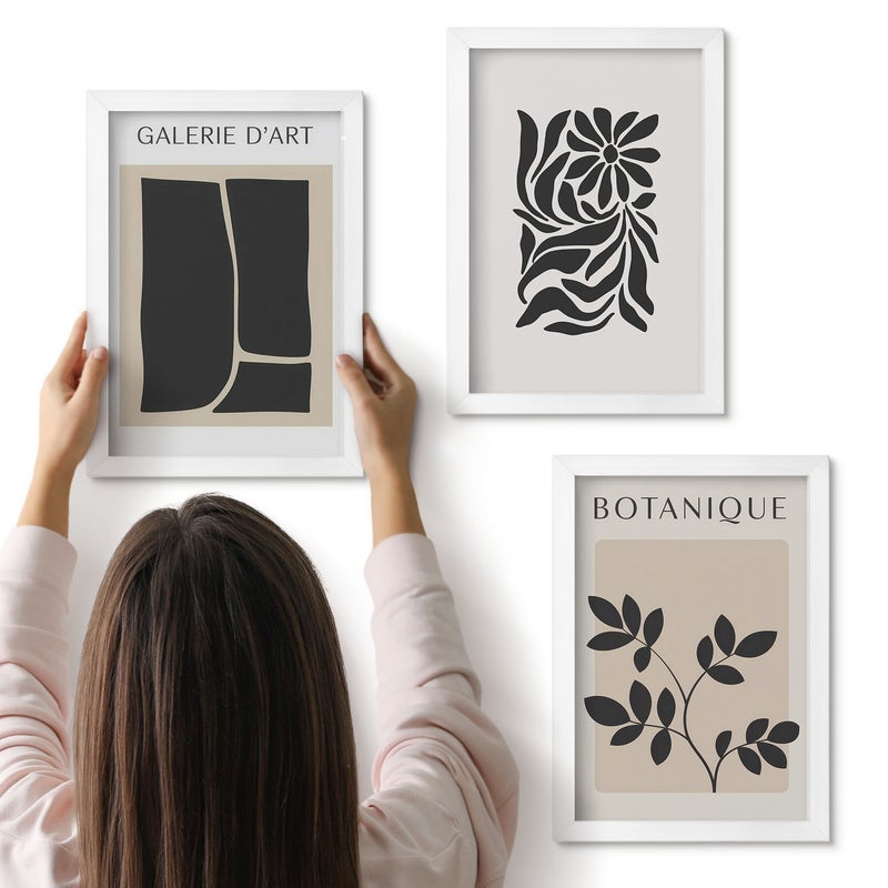 Galeria ścienna 3-częściowy komplet obrazów w białych ramach - Abstrakcyjne wzory roślinne i geometryczne kształty - ArtPrintCave