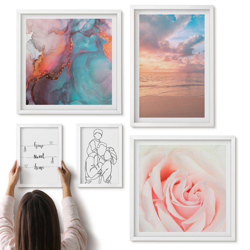 Galeria ścienna 5-częściowy komplet obrazów w białych ramach - Krajobrazy morskie romantyczne motywy i delikatne linie - ArtPrintCave