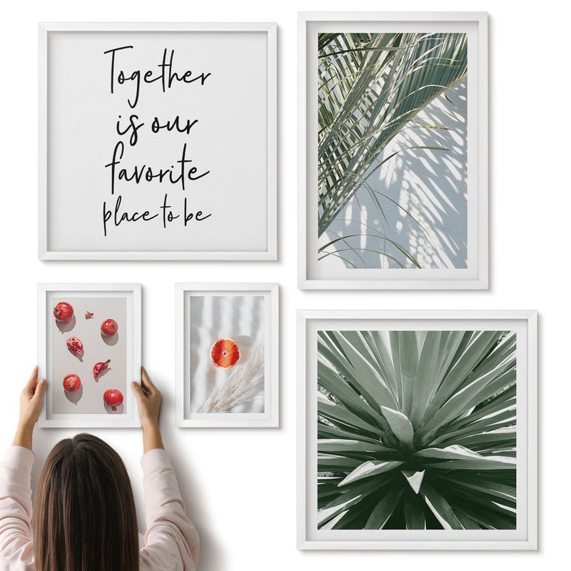Galeria ścienna 5-częściowy komplet obrazów w białych ramach - Styl boho z roślinnymi motywami i owocami tropikalnymi - ArtPrintCave