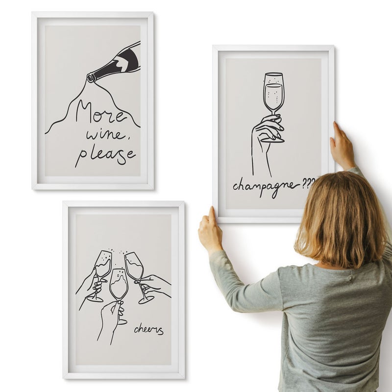 Galeria ścienna 3-częściowy komplet obrazów w białych ramach - Radosne chwile z winem i szampanem line-art - ArtPrintCave