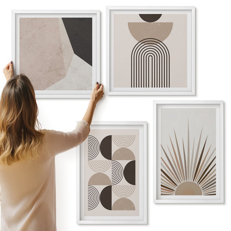 Galeria ścienna 4-częściowy komplet obrazów w białych ramach - Abstrakcyjne kształty w odcieniach beżu i brązu - ArtPrintCave
