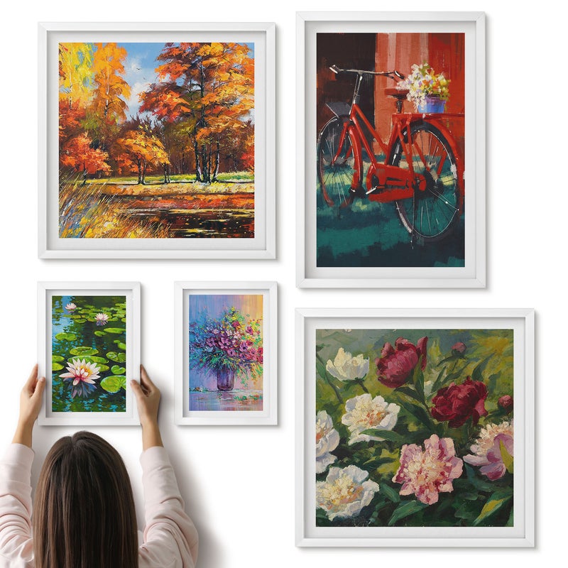 Galeria ścienna 5-częściowy komplet obrazów w białych ramach - Kwiaty w wiosennych krajobrazach z rowerem na tle natury - ArtPrintCave