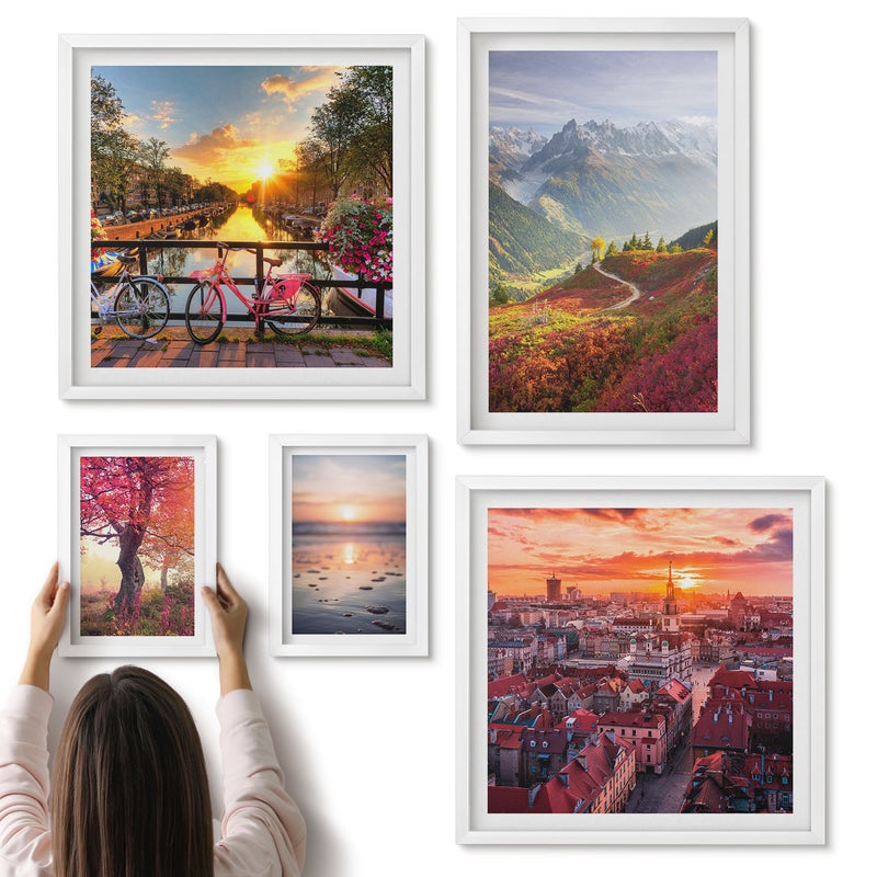 Galeria ścienna 5-częściowy komplet obrazów w białych ramach - Krajobrazy górskie i miejskie widoki na przyrodę - ArtPrintCave