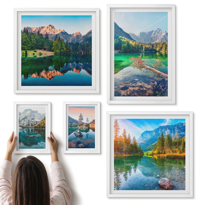 Galeria ścienna 5-częściowy komplet obrazów w białych ramach - Krajobrazy górskie z jeziorami i zielonymi lasami - ArtPrintCave