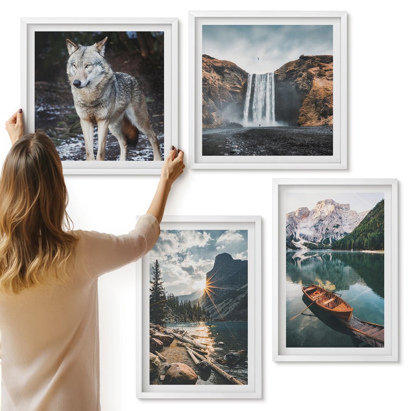 Galeria ścienna 4-częściowy komplet obrazów w białych ramach - Góry jeziora wodospad i wilk w naturalnym otoczeniu - ArtPrintCave