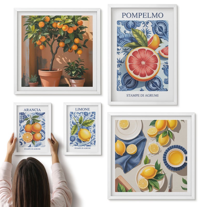 Galeria ścienna 5-częściowy komplet obrazów w białych ramach - Cytrusowe inspiracje dekoracje w stylu vintage - ArtPrintCave