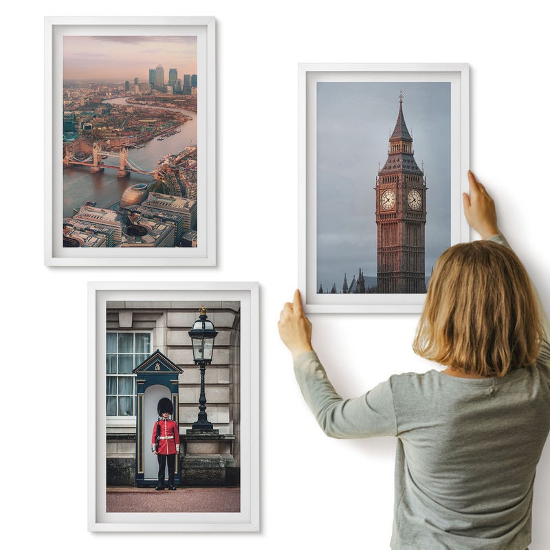Galeria ścienna 3-częściowy komplet obrazów w białych ramach - Widoki Londynu z mostem i strażnikiem Big Ben - ArtPrintCave