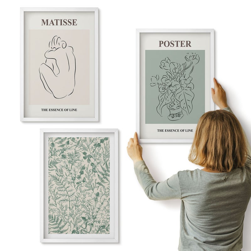 Galeria ścienna 3-częściowy komplet obrazów w białych ramach - Linie i roślinne wzory w minimalistycznym stylu - ArtPrintCave