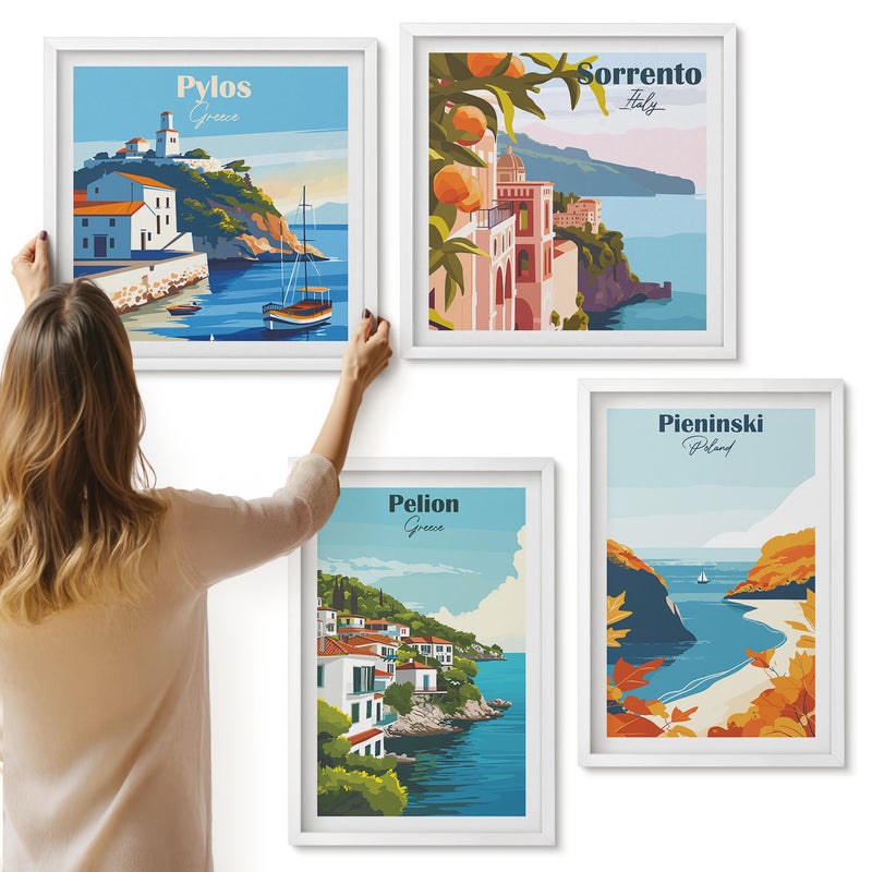 Galeria ścienna 4-częściowy komplet obrazów w białych ramach - Malownicze krajobrazy w retro stylu - ArtPrintCave