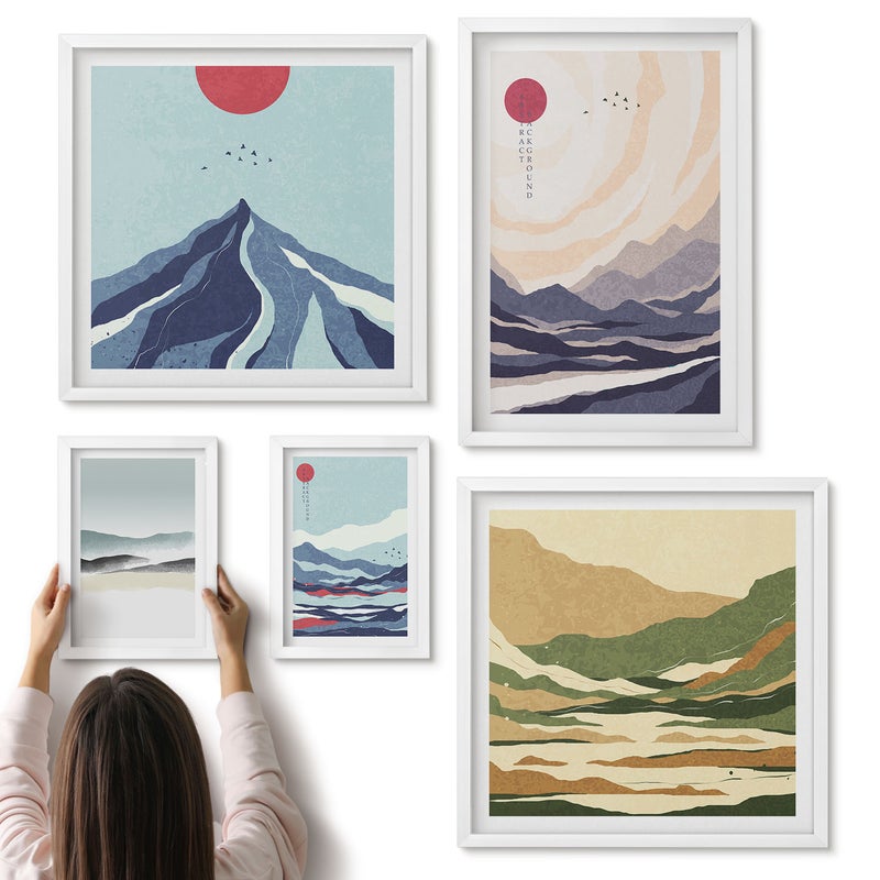 Galeria ścienna 5-częściowy komplet obrazów w białych ramach - Abstrakcyjne pejzaże górskie z minimalistycznymi motywami - ArtPrintCave