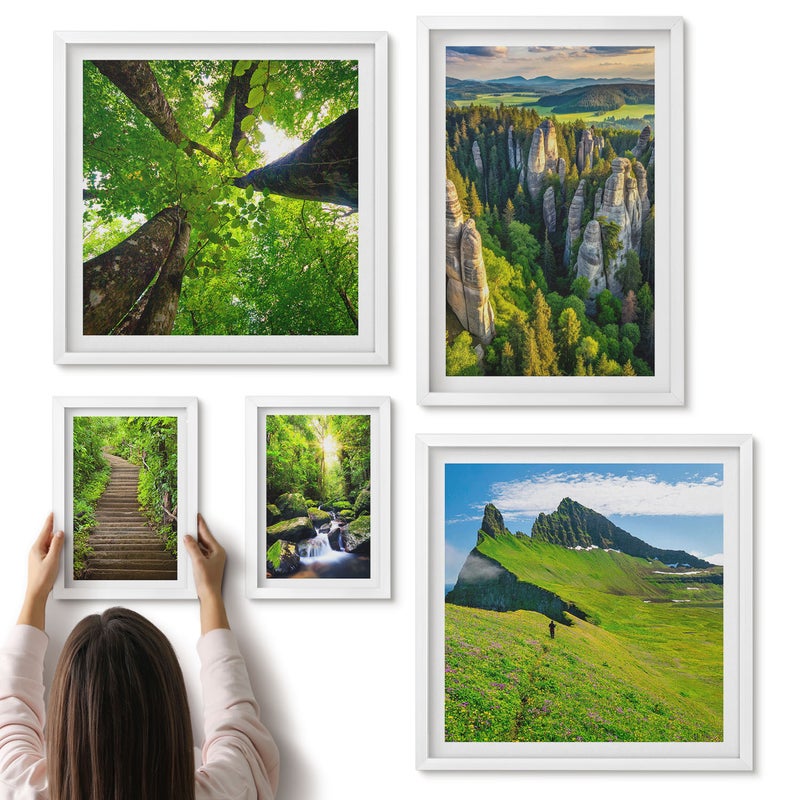 Galeria ścienna 5-częściowy komplet obrazów w białych ramach - Zielone krajobrazy z naturą i malowniczymi ścieżkami - ArtPrintCave
