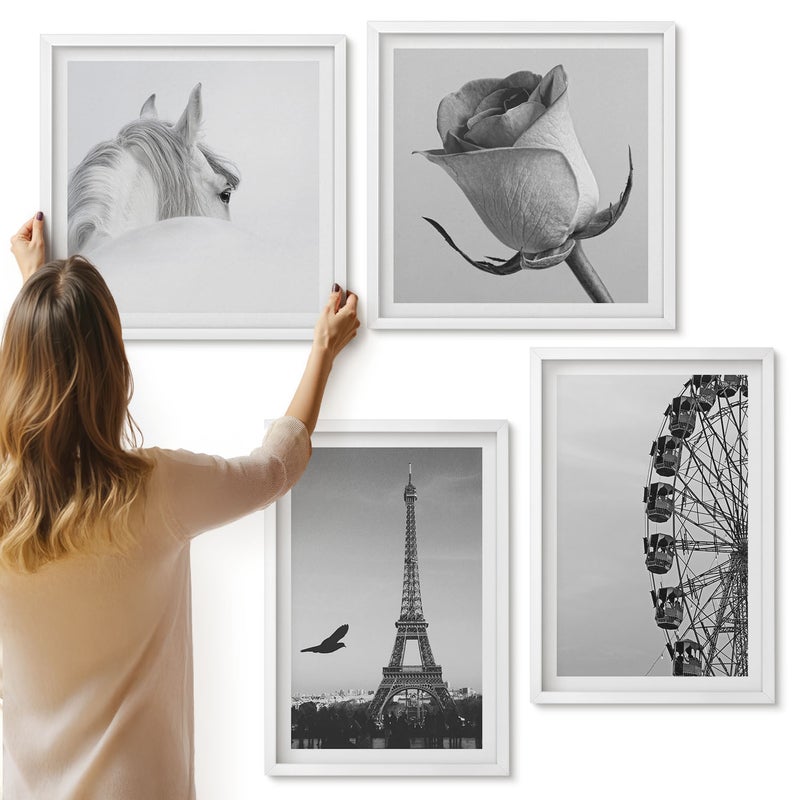 Galeria ścienna 4-częściowy komplet obrazów w białych ramach - Róża wieża Eiffla koń diabelski młyn w monochromie - ArtPrintCave