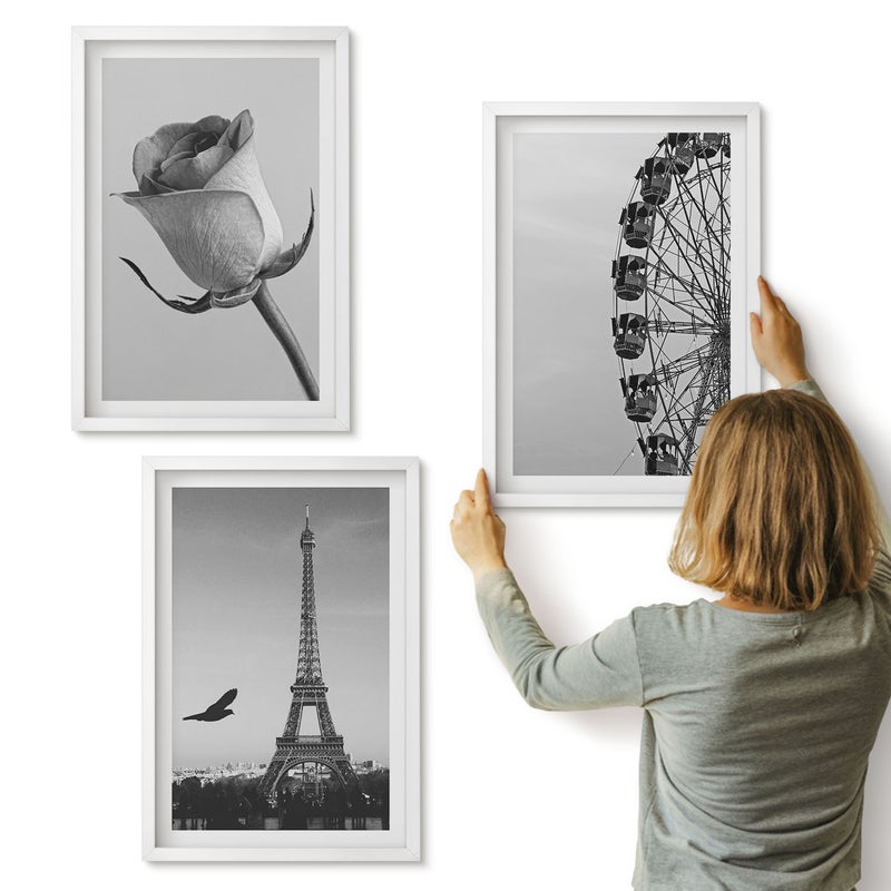 Galeria ścienna 3-częściowy komplet obrazów w białych ramach - Róża wieża Eiffla i diabelski młyn w monochromie - ArtPrintCave