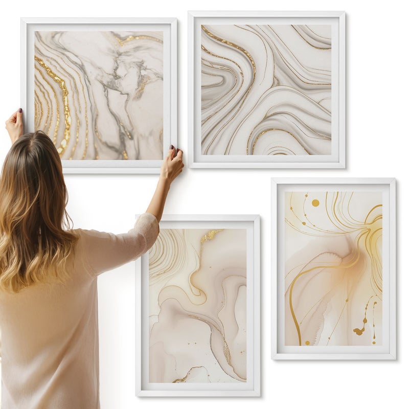 Galeria ścienna 4-częściowy komplet obrazów w białych ramach - Subtelne abstrakcyjne wzory rozlanych farb - ArtPrintCave