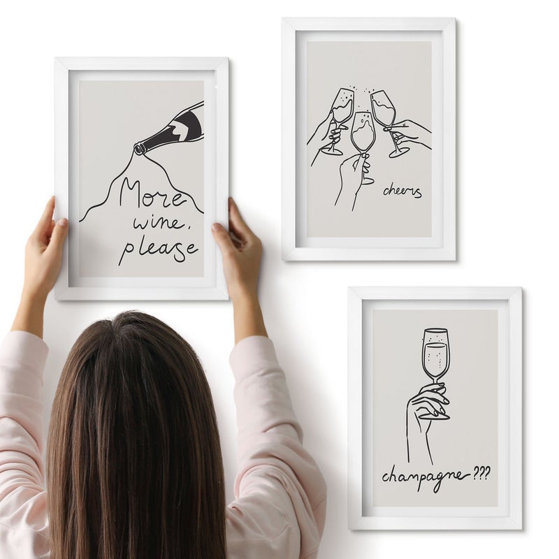 Galeria ścienna 3-częściowy komplet obrazów w białych ramach - Radosne chwile z winem i szampanem line-art - ArtPrintCave