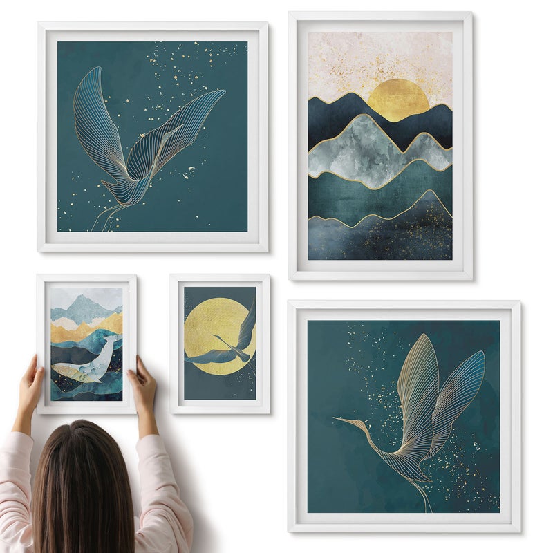 Galeria ścienna 5-częściowy komplet obrazów w białych ramach - Stylowe górskie krajobrazy z ptakami i słońcem - ArtPrintCave