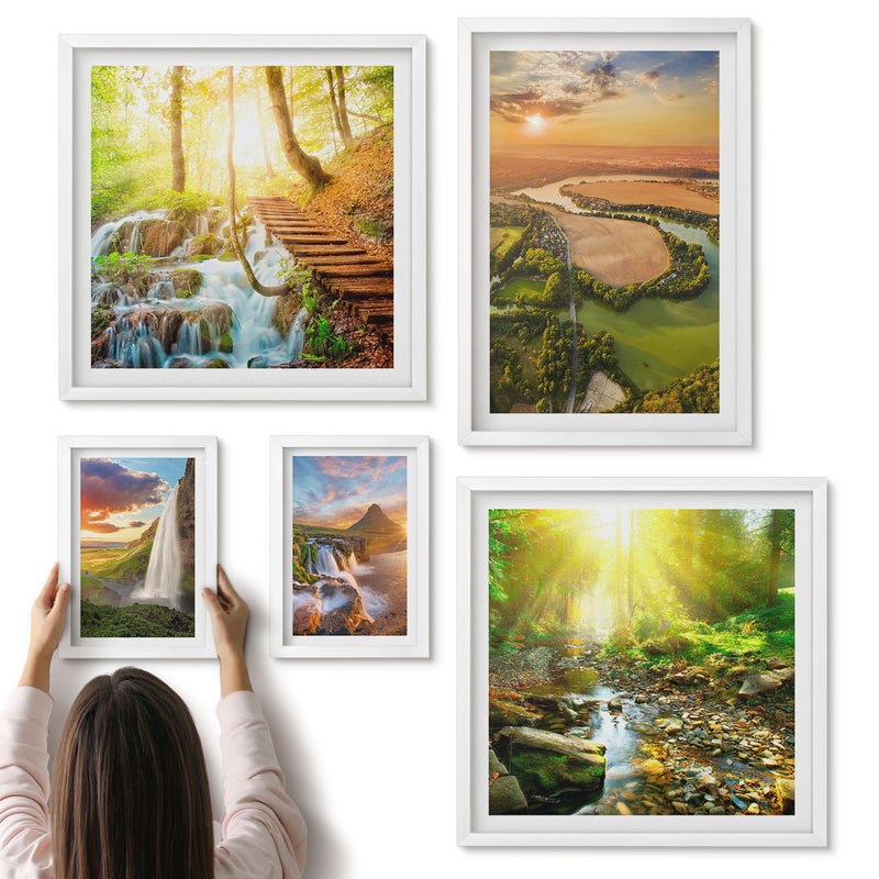 Galeria ścienna 5-częściowy komplet obrazów w białych ramach - Naturalne krajobrazy z wodospadami i zielonymi dolinami - ArtPrintCave
