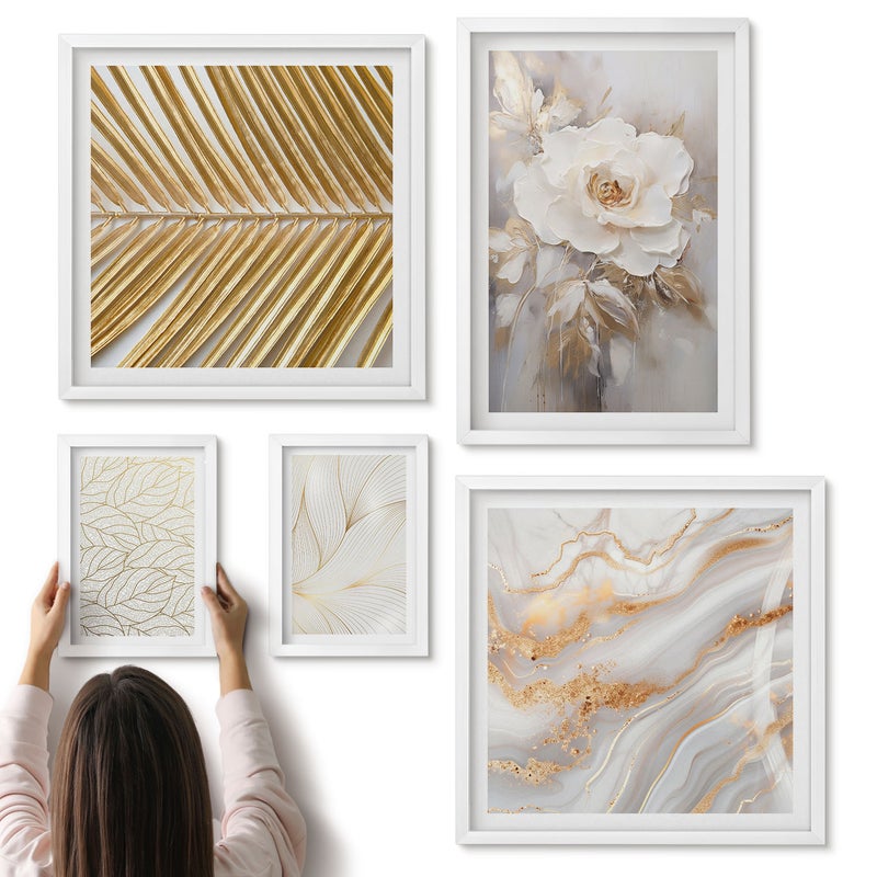 Galeria ścienna 5-częściowy komplet obrazów w białych ramach - Stylowe motywy roślinne z delikatnymi kwiatami i liśćmi - ArtPrintCave