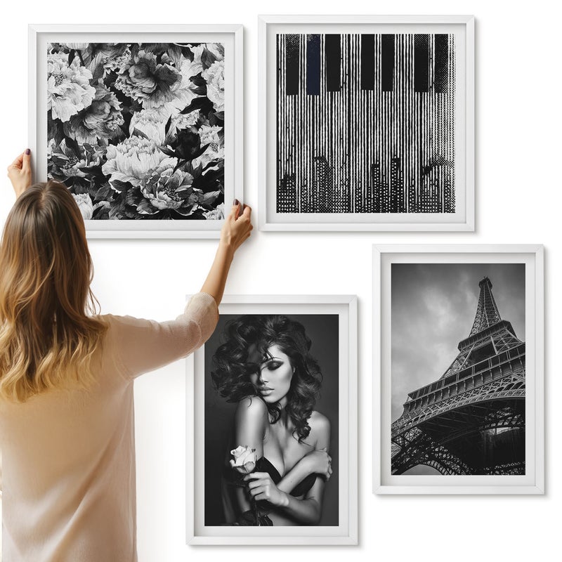 Galeria ścienna 4-częściowy komplet obrazów w białych ramach - Portret kobiety z różą wieża Eiffla abstrakcje - ArtPrintCave