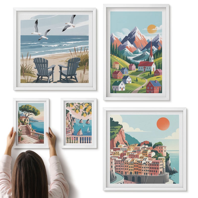 Galeria ścienna 5-częściowy komplet obrazów w białych ramach - Krajobrazy górskie i nadmorskie w stylu retro - ArtPrintCave