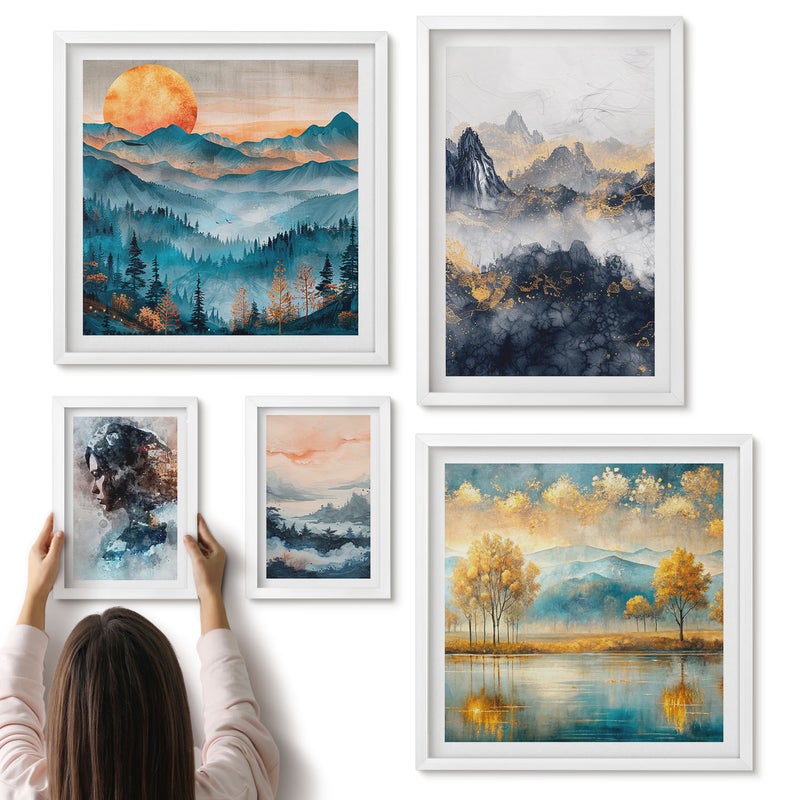 Galeria ścienna 5-częściowy komplet obrazów w białych ramach - Krajobrazy górskie z portretami i naturalnymi pejzażami - ArtPrintCave