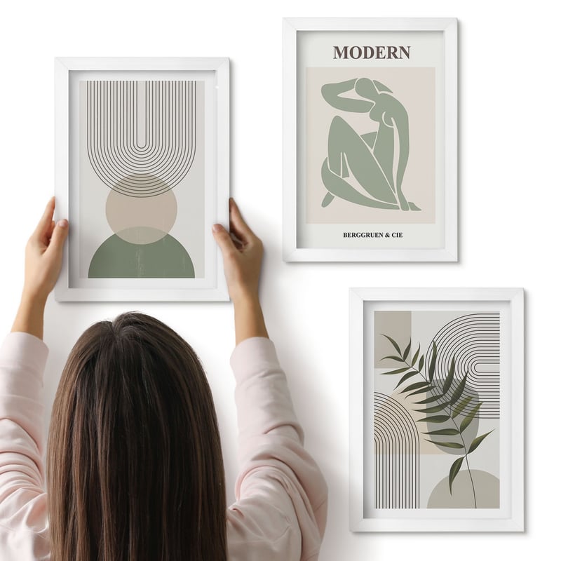 Galeria ścienna 3-częściowy komplet obrazów w białych ramach - Stylowe grafiki z abstrakcyjnymi kształtami i roślinami - ArtPrintCave