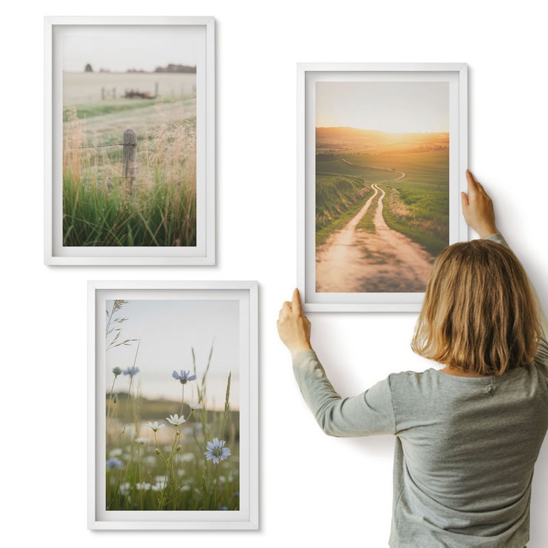 Galeria ścienna 3-częściowy komplet obrazów w białych ramach - Krajobrazy natury z polami i ścieżką w słońcu - ArtPrintCave
