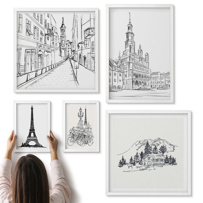 Galeria ścienna 5-częściowy komplet obrazów w białych ramach - Stylowe ilustracje architektury i miejskich krajobrazów - ArtPrintCave