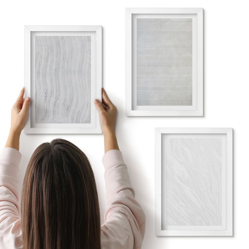 Galeria ścienna 3-częściowy komplet obrazów w białych ramach - Jasne struktury sznur wzory na piasku - ArtPrintCave