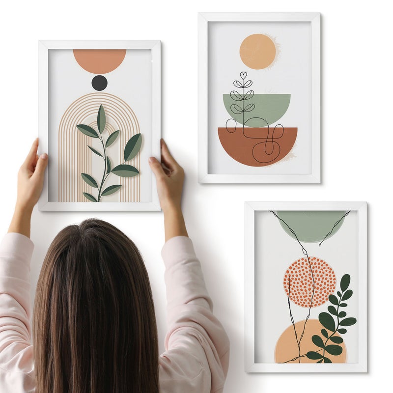 Galeria ścienna 3-częściowy komplet obrazów w białych ramach - Abstrakcyjne kształty z roślinnymi motywami kolorowymi - ArtPrintCave