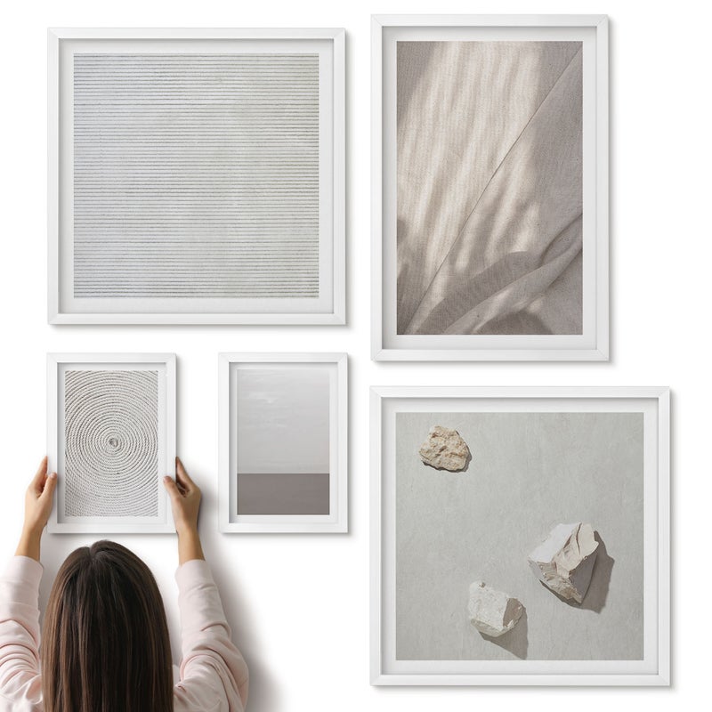 Galeria ścienna 5-częściowy komplet obrazów w białych ramach - Delikatne naturalne tekstury w stylu boho - ArtPrintCave