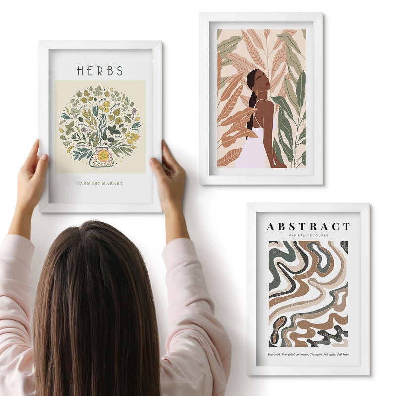 Galeria ścienna 3-częściowy komplet obrazów w białych ramach - Estetyka boho pastelowe minimalistyczne postery - ArtPrintCave