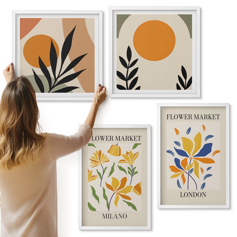 Galeria ścienna 4-częściowy komplet obrazów w białych ramach - Kwiatowe postery Paryż Mediolan Londyn - ArtPrintCave