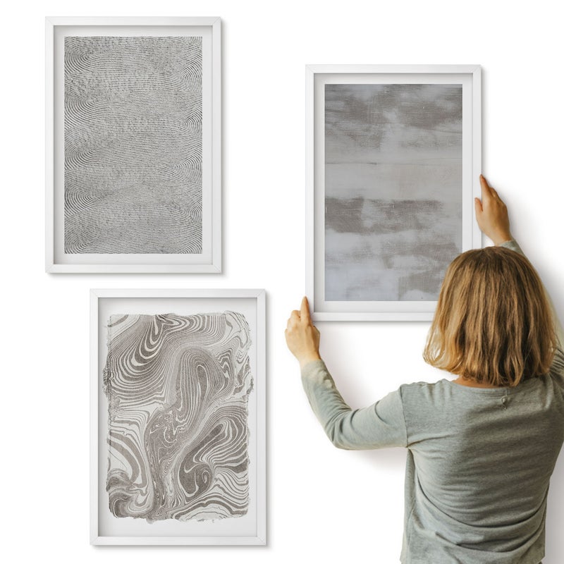 Galeria ścienna 3-częściowy komplet obrazów w białych ramach - Industrialne struktury abstrakcyjne wzornictwo - ArtPrintCave
