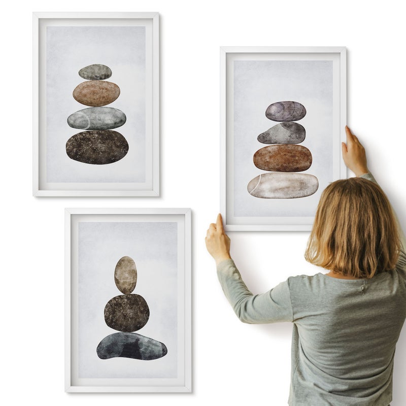 Galeria ścienna 3-częściowy komplet obrazów w białych ramach - Stosy kamieni minimalistyczne malarstwo boho - ArtPrintCave
