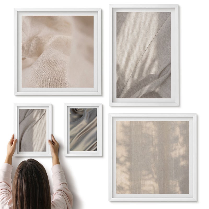 Galeria ścienna 5-częściowy komplet obrazów w białych ramach - Naturalne tkaniny struktury w zbliżeniua boho - ArtPrintCave