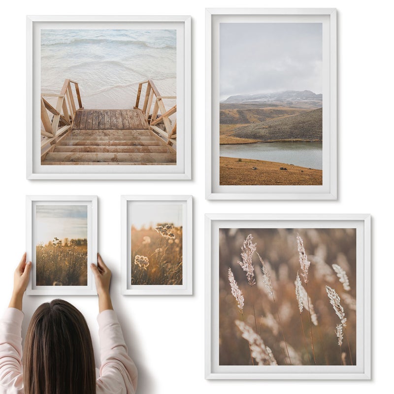Galeria ścienna 5-częściowy komplet obrazów w białych ramach - Naturalne krajobrazy z widokami na pola i jeziora - ArtPrintCave