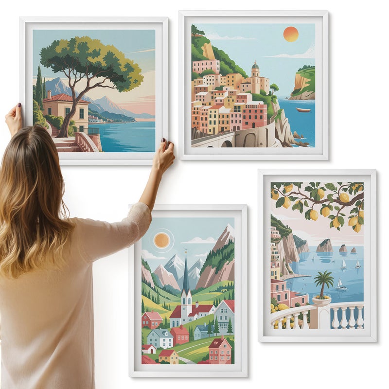 Galeria ścienna 4-częściowy komplet obrazów w białych ramach - Malownicze krajobrazy z morzem i cytrusami - ArtPrintCave