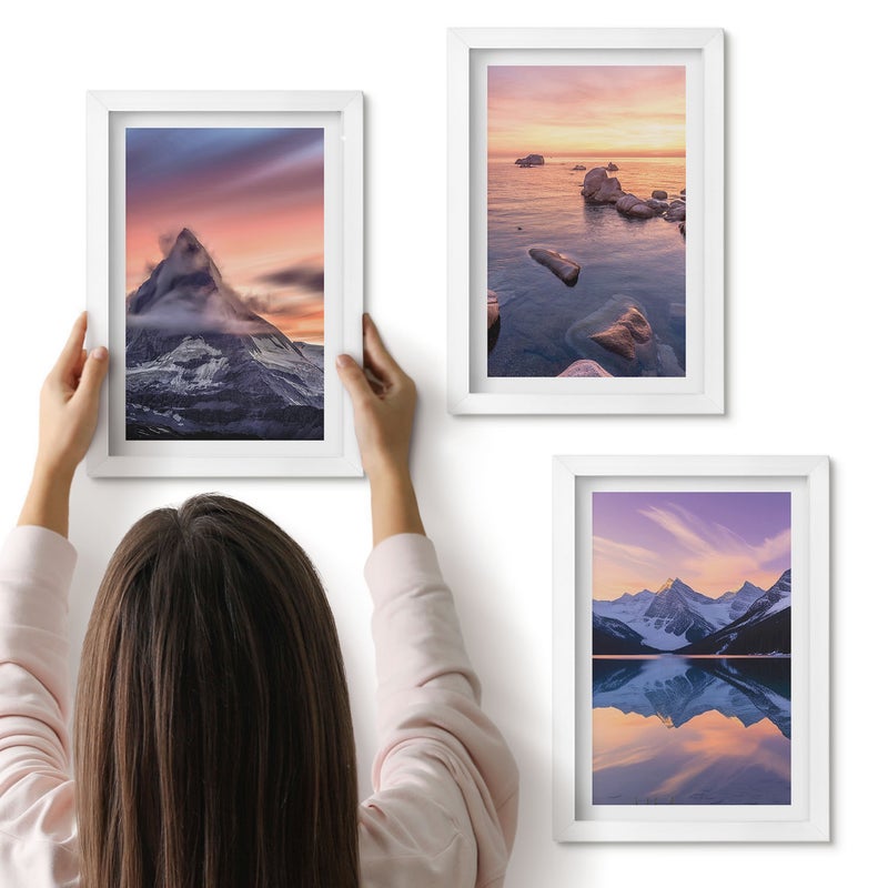 Galeria ścienna 3-częściowy komplet obrazów w białych ramach - Krajobrazy góry jeziora i zachód słońca - ArtPrintCave