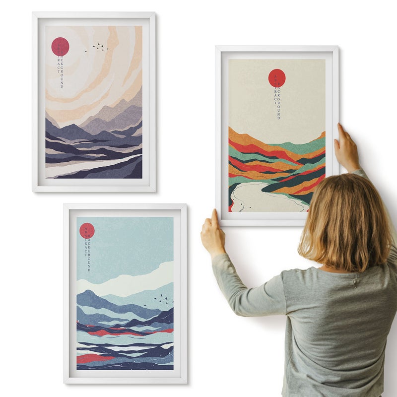Galeria ścienna 3-częściowy komplet obrazów w białych ramach - Japońskie abstrakcyjne krajobrazy górskie - ArtPrintCave