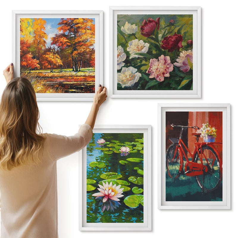 Galeria ścienna 4-częściowy komplet obrazów w białych ramach - Kolory jesieni staw z liliami rower na tarasie - ArtPrintCave